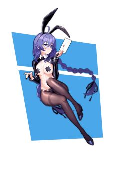 1girl absurdres ahoge alternate_breast_size animal_ears black_ribbon blue_eyes blue_footwear blue_hair blush braid breasts brown_pantyhose closed_mouth covering_crotch covering_privates cross cross_pasties dot_mouth facial_tattoo fake_animal_ears full_body groin hair_between_eyes hair_ribbon heart_pasties helenhe high_heels highres holding holding_letter large_breasts latex letter long_hair mushoku_tensei nail_polish pantyhose pasties playboy_bunny rabbit_ears reverse_bunnysuit reverse_outfit ribbon roxy_migurdia shrug_(clothing) simple_background solo spade_(shape) spade_tattoo tattoo twin_braids very_long_hair