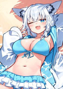 1girl ;d absurdres ahoge animal_ear_piercing animal_ears aqua_eyes arm_behind_head beach bikini bikini_skirt blue_bikini blue_jacket blue_skirt braid breasts cleavage commentary_request day deaver double-parted_bangs fox_ears fox_girl fox_tail frilled_skirt frills front-tie_bikini_top front-tie_top hair_between_eyes highres hololive jacket large_breasts long_hair looking_at_viewer lying navel official_alternate_costume on_back one_eye_closed open_mouth outdoors shirakami_fubuki shirakami_fubuki_(hololive_summer_2019) side_braid skirt smile solo stomach swimsuit tail two-sided_fabric two-sided_jacket virtual_youtuber white_hair white_jacket