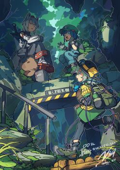 3girls absurdres adapted_costume alternate_costume animal_ears backpack bag black_pants blue_eyes blue_hair blue_pants bottle commentary_request commission detached_sleeves doggo_1d34 eyeball gloves goggles goggles_on_headwear green_bag green_eyes green_hair green_hat green_shoes green_skirt grey_gloves grey_hair hair_bobbles hair_ornament hat hat_ribbon heart heart_of_string highres inubashiri_momiji kawashiro_nitori komeiji_koishi layered_sleeves leg_up long_sleeves medium_hair multiple_girls open_mouth outdoors pants red_eyes red_hat ribbon shirt shoes short_over_long_sleeves short_sleeves signature sitting skeb_commission skirt smile socks standing standing_on_one_leg sword sword_on_back tail third_eye tokin_hat touhou translation_request twitter_username water_bottle weapon weapon_on_back white_socks wolf_ears wolf_girl wolf_tail yellow_ribbon yellow_shirt