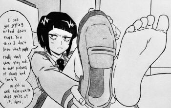 Rule 34 | 1girl, barefoot, black hair, english text, feet, foot focus, foreshortening, graphite (medium), holding, holding shoes, holding unworn clothes, indoors, jiro kyoka, looking at viewer, murati2882 (artist), necktie, school uniform, shoes, short hair, soles, solo, speech bubble, toes, traditional media, unworn shoes, v-shaped eyebrows