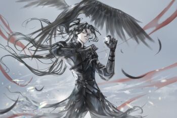 1boy ajsaart animal animal_on_arm bird bird_on_arm black_hair black_robe chest_belt cowboy_shot crow falling_feathers feathers glaring hand_up hashtag-only_commentary high_ponytail highres holding holding_pocket_watch lens_flare long_hair looking_at_viewer male_focus oversized_animal pocket_watch ponytail robe sha_po_lang shapolang_(menghuan_xi_you) solo very_long_hair watch