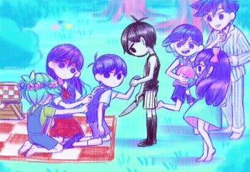 2girls 5boys antenna_hair aubrey_(headspace)_(omori) aubrey_(omori) ball barefoot basil_(headspace)_(omori) basil_(omori) black_eyes black_hair black_shoes black_socks black_sweater_vest black_tank_top blue_overalls blue_shirt blurry blurry_background bow brothers brown_shorts checkered_blanket checkered_clothes closed_mouth clothes_grab collared_shirt colored_skin double-parted_bangs dual_persona flower_wreath grass green_hair green_shirt hair_between_eyes hair_bow hand_grab head_wreath hero_(headspace)_(omori) hero_(omori) holding holding_ball holding_knife holding_stuffed_toy kel_(headspace)_(omori) kel_(omori) kneehighs kneeling knife laser-lance long_hair long_shirt long_sleeves looking_at_another mari_(headspace)_(omori) mari_(omori) mr._plantegg_(omori) multiple_boys multiple_girls omori omori_(omori) open_mouth outdoors overall_shorts overalls pajamas pants picnic_basket picnic_blanket pink_bow pleated_skirt purple_eyes purple_hair purple_shorts purple_sweater_vest red_skirt seiza shirt shoes short_sleeves shorts siblings sidelocks sitting skirt smile socks standing striped_clothes striped_pajamas striped_pants striped_shorts stuffed_eggplant stuffed_toy sunny_(omori) sweater_vest t-shirt tank_top teeth tree upper_teeth_only vertical-striped_clothes vertical-striped_pajamas vertical-striped_pants vertical-striped_shorts white_shirt white_shorts white_skin white_socks