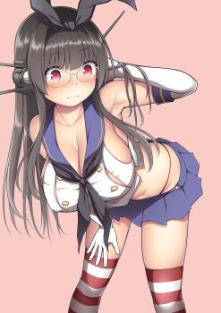 1girl absurdres bent_over black_hair black_hairband black_neckerchief black_panties blue_sailor_collar blush breasts choukai_(kancolle) closed_mouth commentary_request cosplay crop_top elbow_gloves glasses gloves hairband hand_on_own_leg headgear highleg highleg_panties highres kantai_collection kuromayu large_breasts long_hair microskirt neckerchief nose_blush panties pink_background red_eyes sailor_collar shimakaze_(kancolle) shimakaze_(kancolle)_(cosplay) skirt sleeveless solo striped_clothes striped_thighhighs sweat thighhighs underwear white_gloves