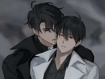 Rule 34 | 2boys, black coat, black eyes, black hair, black shirt, coat, collared shirt, heads together, highres, keomikan, kim dokja, male focus, multiple boys, omniscient reader's viewpoint, one eye closed, open clothes, open coat, parted lips, popped collar, shirt, short hair, upper body, white coat, yaoi, yoo joonghyuk