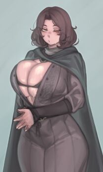absurdres breasts brown_hair bursting_breasts elden_ring fromsoftware highres kelvin_hiu large_breasts melina_(elden_ring) namco one_eye_closed thick_thighs thighs