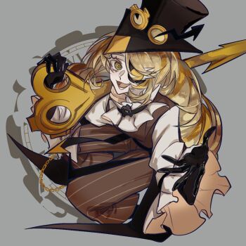 1girl :d @_@ alternate_skin_color arrow_(symbol) black_gloves black_hat blonde_hair brown_pants brown_vest chain chinese_commentary colored_eyelashes commentary_request cookie_run cookie_run:_ovenbreak eyepatch frilled_sleeves frills from_above full_body ginata_oc gloves goggles goggles_on_headwear grey_background hands_up hat highres holding holding_key humanization key long_hair long_sleeves looking_at_viewer lower_teeth_only multicolored_hair one_eye_covered open_mouth orange_hair pants pinstripe_pants pinstripe_pattern reaching reaching_towards_viewer shirt simple_background smile solo streaked_hair teeth timekeeper_cookie tongue top_hat two-tone_hair very_long_hair vest white_eyelashes white_shirt yellow_eyes