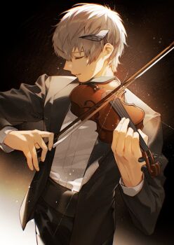 Rule 34 | 1boy, alternate costume, arms up, black jacket, black pants, black suit, bow (music), closed eyes, commentary, cowboy shot, english commentary, formal clothes, grey hair, highres, holding, holding bow (music), holding instrument, holding violin, horns, instrument, jacket, layered sleeves, lirica, long sleeves, male focus, metaphor: refantazio, open clothes, open jacket, pants, parted lips, shirt, shirt tucked in, short hair, single horn, smile, solo, standing, strohl (metaphor: refantazio), suit, suit jacket, violin, white shirt