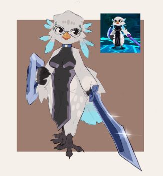 1girl absurdres aqua_feathers atlyss beak bird_girl bird_tail black_dress black_eyes black_feathers black_skin border breasts brown_background byrdle_(atlyss) choker clawed_feet colored_skin commentary dress english_commentary expressionless feathers glasses glint grey_feathers grey_trim highres holding holding_shield holding_sword holding_weapon looking_outside medium_breasts pear-shaped_figure player_character_(atlyss) reference_inset ribbon_choker shield solo square sword tail weapon white_border wide_hips yukinoodle