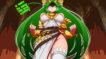 1girl bare_shoulders belt breasts female_focus glowing glowing_eyes green_eyes highres kid_icarus large_breasts long_hair looking_at_viewer nintendo oddmachine palutena single_thighhigh solo steam thighhighs very_long_hair yellow_eyes you_gonna_get_raped