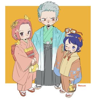 1boy 2girls aged_down bag blue_eyes blue_hair blue_haori blush child commentary_request full_body glasses green_kimono grey_hair hair_ornament hakama haori highres hina_(one_piece) holding holding_bag japanese_clothes kimono looking_at_another maruwoz multiple_girls obi one_piece orange_background orange_eyes orange_kimono pink_hair sash short_hair smoker_(one_piece) socks square tashigi twitter_username white_socks wide_sleeves