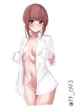 1girl alternate_costume blush breasts cleavage coffee coffee_mug collared_shirt commentary_request cowboy_shot cropped_legs cup dress_shirt groin highres holding holding_cup kantai_collection long_sleeves looking_at_viewer mug naked_towel navel one-hour_drawing_challenge red_eyes red_hair shirt small_breasts solo tf_cafe towel white_shirt z3_max_schultz_(kancolle)