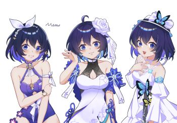 3girls ahoge artist_name bare_shoulders blue_hair breasts chinese_commentary cleavage commentary_request dress flower hair_flower hair_ornament highres honkai_(series) honkai_impact_3rd looking_at_viewer meow_maolai multiple_girls multiple_persona official_alternate_costume one-piece_swimsuit purple_one-piece_swimsuit seele_vollerei seele_vollerei_(mirrored_flourishes) seele_vollerei_(papilio_lily) seele_vollerei_(stygian_nymph) seele_vollerei_(stygian_seafoam) seele_vollerei_(swallowtail_phantasm) short_hair simple_background smile swimsuit white_background white_dress white_hair