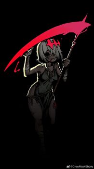 Rule 34 | 1girl, bandaged arm, bandages, black background, black eyes, blood, dark, darkest dungeon, ebonyxh, glowing, highres, holding, holding scythe, licking lips, original, pelvic curtain, rope, scythe, eylin eyla (ebonyxh), solo, tongue, tongue out, watermark, weibo username, weibo watermark, white hair