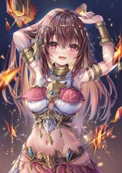 1girl akami770 armlet armpits arms_up blush bracelet breasts brown_hair circlet cleavage cleavage_cutout clothing_cutout crop_top dancer jewelry large_breasts long_hair looking_at_viewer midriff navel open_mouth pascale_(shadowverse) red_eyes revealing_clothes shadowverse sideboob simple_background smile solo standing stomach upper_body