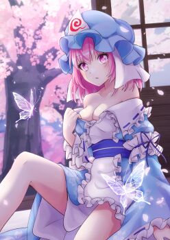 Rule 34 | 1girl, absurdres, bare shoulders, blue dress, blue hat, breasts, bug, butterfly, cherry blossoms, cleavage, commentary request, dress, eyelashes, feet out of frame, frilled sleeves, frills, hand up, hat, highres, insect, juliet sleeves, long sleeves, looking at viewer, medium breasts, mob cap, off-shoulder dress, off shoulder, petals, pink eyes, pink hair, puffy sleeves, ramie (ramie541), revision, saigyouji yuyuko, short hair, sitting, solo, touhou, tree, triangular headpiece, veil, wide sleeves
