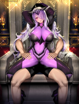 1boy 1girl arms_up black_shorts blush bodysuit breasts cameltoe camilla_(fire_emblem) camilla_(light_of_nohr)_(fire_emblem) camilla_(light_of_nohr)_(resplendent)_(fire_emblem) candle cape elbow_gloves fire_emblem fire_emblem_fates fire_emblem_heroes fur-trimmed_cape fur_trim gloves hair_over_one_eye highres impossible_bodysuit impossible_clothes kashiwamochi_yomogi large_breasts long_hair navel nintendo official_alternate_costume open_mouth parted_lips pink_eyes purple_bodysuit purple_eyes purple_gloves purple_hair shorts sitting sitting_on_throne skin_tight sparkle throne tiara torn_cape torn_clothes very_long_hair wavy_hair