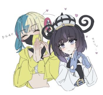 2girls black_dress black_hair blonde_hair blue_gloves blue_hair blunt_bangs blush canari_(pokemon) closed_eyes closed_mouth coat crop_top dress gloves gwynn_(pokemon) heart highres jacket long_sleeves looking_at_another mask mouth_mask multicolored_hair multiple_girls nintendo open_clothes open_coat open_jacket partially_fingerless_gloves pokemon pokemon_legends:_z-a purple_eyes sakizome1001 short_hair split-color_hair two-tone_hair upper_body white_background white_coat yellow_jacket