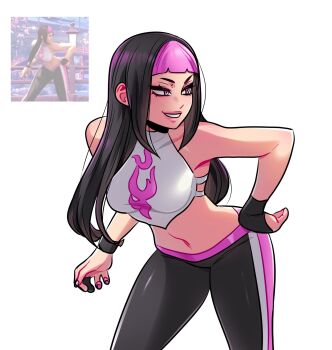 Rule 34 | 1girl, black hair, black pants, fingerless gloves, gloves, han juri, hashtag-only commentary, highres, multicolored hair, navel, pants, partially fingerless gloves, pink hair, simple background, smile, solo, street fighter, street fighter 6, street fighter v, terokich, white background