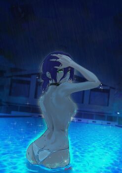 1girl absurdres artist_name ass black_choker breasts butt_crack chainsaw_man choker commentary_request deathklovc green_eyes hair_between_eyes hair_bun hand_up highres medium_breasts night outdoors panties partially_submerged pool reze_(chainsaw_man) school solo underwear wet white_panties
