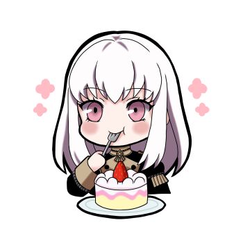 1girl absurdres blush blush_stickers cake chibi chibi_only eating fire_emblem fire_emblem:_three_houses food fork fruit garreg_mach_monastery_uniform highres lysithea_von_ordelia nekomoni nintendo pink_eyes plate pout solo strawberry white_hair