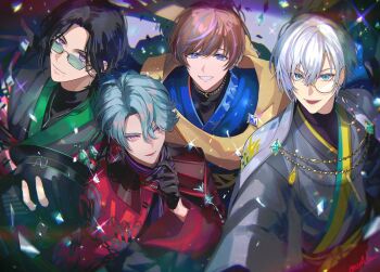 4boys :d absurdres aqua_eyes aqua_hair black_gloves black_hair black_kimono black_shirt blue_eyes blue_gemstone blue_hair blue_kimono brown_hair cape closed_mouth commentary confetti ear_piercing earrings english_commentary eyelashes eyewear_strap fingerless_gloves freodore_(nijisanji) gem glint gloves green_eyes green_gemstone grey_hair grey_kimono grin hair_between_eyes hand_up highres jacket japanese_clothes jewelry kaelix_debonair kimono koujisako long_sleeves looking_at_viewer male_focus mole mole_under_eye mole_under_mouth monocle multicolored_hair multiple_boys necklace nijisanji nijisanji_en open_mouth parted_lips piercing pink_eyes purple_eyes purple_hair red_kimono round_eyewear scarf seible_(nijisanji) shirt short_hair smile sparkle streaked_hair sunglasses twitter_username upper_body virtual_youtuber white_cape white_hair yellow_scarf zeal_ginjoka