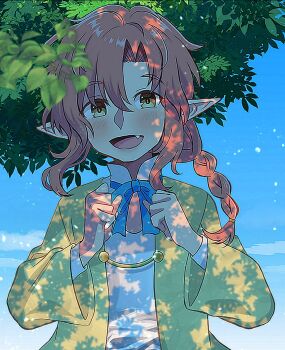 1girl arms_up blush braid coat commission dappled_sunlight looking_at_viewer medium_hair open_mouth orange_hair original pointy_ears single_braid smile solo sunlight tree tree_shade under_tree wide_sleeves ximsol182 yellow_coat yellow_eyes