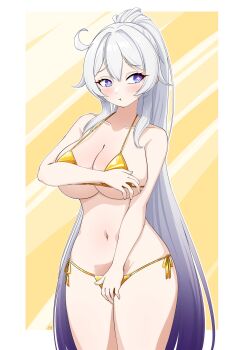 Rule 34 | 1girl, absurdres, ahoge, bikini, blue eyes, blush, breasts, commentary, covering breasts, covering crotch, covering privates, gold bikini, gradient hair, highres, honkai (series), honkai impact 3rd, kiana kaslana, kiana kaslana (herrscher of finality), large breasts, long hair, multicolored hair, navel, pout, purple hair, side-tie bikini bottom, simple background, solo, stomach, swimsuit, thighs, two-tone hair, untranslatable commentary, very long hair, white hair, xian dra1805