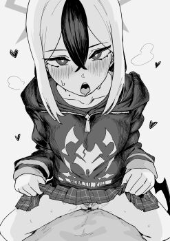 1boy 1girl bar_censor blue_archive blush censored clothed_female_nude_male clothes_lift collarbone commentary_request crossed_bangs female_pubic_hair greyscale hair_between_eyes halo heart hetero highres hood hood_down hoodie kayoko_(blue_archive) lifting_own_clothes long_sleeves looking_at_viewer mole mole_on_neck monochrome multicolored_hair nude open_mouth plaid_clothes plaid_skirt pleated_skirt ponytail pubic_hair pussy sex sidelocks single_wing skirt skirt_lift solo_focus steam stomach sweat two-tone_hair vaginal wings y4mori_gekko