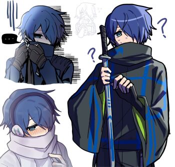 ... 1boy ? adjusting_clothes alternate_costume aqua_eyes black_gloves black_jacket black_pants blue_hair cowboy_shot earmuffs fingerless_gloves gloves hair_over_one_eye hand_up hands_up highres holding holding_sword holding_weapon jacket long_sleeves male_focus milgram multiple_views ninja pants sakurai_haruka_(milgram) scarf simple_background spoken_ellipsis sweatdrop sword tanuki24036 weapon white_background white_jacket white_scarf wide_sleeves