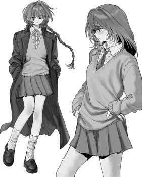 1girl blush braid closed_mouth collared_shirt greyscale hands_in_pockets highres jacket long_hair long_sleeves monochrome multiple_persona multiple_views necktie original pleated_skirt school_uniform shirt shoes skirt twin_braids wayon154 white_background