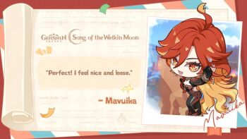 1girl biker_clothes black_bodysuit black_gloves black_jacket blonde_hair bodysuit character_name chibi commentary cropped_jacket earrings english_commentary english_text genshin_impact gloves hair_between_eyes hand_up jacket jewelry long_hair_between_eyes long_sleeves looking_at_viewer mavuika_(genshin_impact) multicolored_hair official_art red_eyes red_hair solo standing sweatdrop symbol-shaped_pupils two-tone_hair