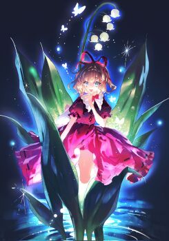 1girl black_shirt blonde_hair blue_eyes bow bubble_skirt bug butterfly flower frilled_shirt frilled_shirt_collar frilled_skirt frilled_sleeves frills full_body highres insect legs lily_of_the_valley looking_at_viewer medicine_melancholy noriko_222 open_mouth puffy_short_sleeves puffy_sleeves red_bow red_ribbon red_skirt ribbon shirt short_hair short_sleeves skirt smile touhou