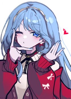 Rule 34 | 1girl, absurdres, blue eyes, blue hair, blue nails, cardigan, earrings, hairband, heart, highres, hololive, hoshimachi suisei, hoshimachi suisei (micomet), jewelry, long hair, long sleeves, looking at viewer, mentally deficient, official alternate costume, one eye closed, quarter-zip, red cardigan, red carpet, simple background, sleeves past wrists, solo, spoken heart, star (symbol), star in eye, sweater, symbol in eye, upper body, virtual youtuber, white background, white hairband, white sweater
