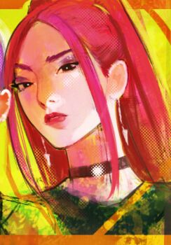 1girl black_choker choker commentary earrings eyeshadow jewelry kpop_demon_hunters long_hair makeup mira_(kpop_demon_hunters) pink_hair pink_lips purple_eyeshadow sidelocks solo sza217uu twintails