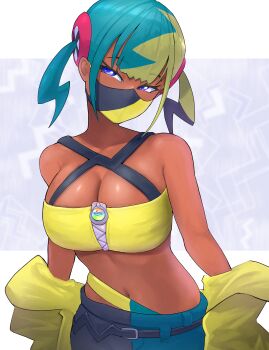 1girl absurdres blonde_hair blue_eyes blue_hair breasts canari_(pokemon) character_hair_ornament cleavage crop_top dark-skinned_female dark_skin hair_ornament highres jacket large_breasts mask midriff mouth_mask multicolored_hair multicolored_pants navel nintendo off_shoulder pants pokemon pokemon_legends:_z-a solo split-color_clothes split-color_hair twintails two-tone_hair yellow_jacket yodokogon
