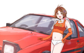 1girl angel_wings ass bikini breasts car collar crop_top elbow_gloves gloves highres makeup medium_breasts mf_ghost motor_vehicle panties race_queen saionji_ren solo swimsuit toyota toyota_sprinter_trueno underwear white_panties wings