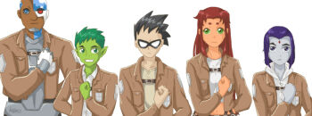 2girls 3boys alien beast_boy_(dc) black_hair cartoon_network colored_skin cosplay cyborg cyborg_(dc) dark_skin dc_comics dick_grayson domino_mask eye_mask gaiabyss green_eyes green_skin mask multiple_boys multiple_girls parody purple_hair raven_(dc) robin_(dc) shingeki_no_kyojin starfire teen_titans victor_stone