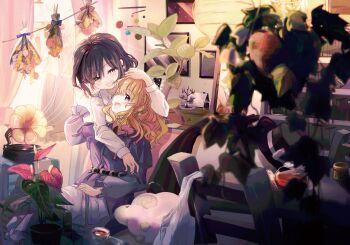 Rule 34 | 2girls, :d, armillary sphere, bag, belt, black tea, blonde hair, blush, book, bookshelf, bouquet, bow, bowtie, brown eyes, brown hair, chair, collared dress, commentary request, crescent ornament, cup, curtains, dress, elbow on another's shoulder, flower, guitar, hand in another's hair, hand on another's head, hand up, hanging plant, highres, indoors, instrument, lamp, long hair, long sleeves, maribel hearn, medium hair, minus (sr mineka), missing headwear, multiple girls, open mouth, phonograph, picture frame, plant, plastic bag, potted plant, purple eyes, red bow, red bowtie, shirt, sitting, smile, stuffed animal, stuffed sheep, stuffed toy, table, tea, teacup, teapot, touhou, unworn shirt, usami renko, white shirt, window, yuri