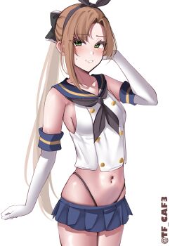 1girl absurdres akigumo_(kancolle) animal_ear_hairband animal_ears black_hairband black_neckerchief black_panties blue_sailor_collar blue_skirt blush bow breasts brown_hair collarbone cosplay cowboy_shot cropped_shirt elbow_gloves fake_animal_ears gloves green_eyes hair_bow hairband hashtag-only_commentary highleg highleg_panties highres kantai_collection long_hair looking_at_viewer microskirt midriff navel neckerchief one-hour_drawing_challenge open_mouth panties peanut_mouth pleated_skirt ponytail rabbit_ear_hairband rabbit_ears sailor_collar shimakaze_(kancolle) shimakaze_(kancolle)_(cosplay) shirt sideboob sidelocks simple_background skindentation skirt sleeveless sleeveless_shirt solo standing sweat tf_cafe twitter_username underwear very_long_hair white_background white_gloves white_shirt