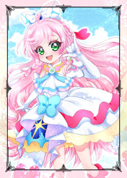 Rule 34 | 1girl, \m/, absurdres, ascot, blue bow, boots, bow, braid, brooch, center frills, commentary, cowboy shot, crown braid, cure prism, dress, dress bow, earrings, elbow gloves, frills, glove bow, gloves, green eyes, hair bow, heart, highres, hirogaru sky! precure, jewelry, kazusa hiyori, knee boots, layered dress, long hair, looking at viewer, magical girl, medium dress, nijigaoka mashiro, open mouth, pink hair, precure, side braids, sleeveless, sleeveless dress, smile, solo, standing, twitter username, very long hair, white ascot, white boots, white bow, white dress, white gloves, wing brooch