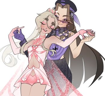 2girls arm_cutout bare_shoulders beret black-framed_eyewear black_hat black_shrug black_skirt blonde_hair blunt_ends bottle bow bright_pupils brooch brown_eyes brown_hair chain chain_necklace closed_eyes closed_mouth clothing_cutout commentary cowboy_shot cross cross_necklace dancing darcy_(winx_club) dress earrings elbow_gloves enchantix english_commentary eyelashes eyeshadow fairy fairy_wings fingernails glitter gloves hair_between_eyes hair_ribbon happy hat hat_bow heart heart_brooch heart_cutout high-waist_skirt high_ponytail highres holding_hands jewelry light_blush light_particles lipstick long_hair long_sidelocks long_sleeves looking_at_another magical_girl makeup multiple_girls nail_polish neck_ribbon necklace oc_x_canon open_mouth original parted_bangs pink_dress pink_eyeshadow pink_gloves pink_lips pink_ribbon pink_shorts pink_wings ponytail purple-tinted_eyewear purple_bow purple_eyeshadow purple_gloves purple_nails purple_tank_top ribbon sharp_fingernails short_dress short_shorts shorts shorts_under_dress shrug_(clothing) side_slit sidelocks signature simple_background single_bare_arm single_bare_shoulder single_glove single_sleeve skirt smile spider_hair_ornament spiral_print standing stomach_cutout strapless strapless_dress striped_clothes striped_skirt sunglasses tank_top teeth thick_eyebrows tinted_eyewear transparent_wings triangular_eyewear turtleneck_shrug upper_teeth_only vertical-striped_clothes vertical-striped_skirt very_long_hair white_background white_pupils wikate wings winx_club yuri