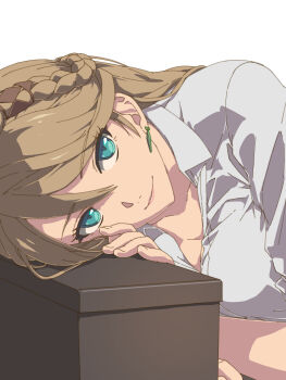 1girl blonde_hair braid bun_with_braided_base chiharu_(9654784) closed_mouth commentary_request crown_braid earrings eiyuu_densetsu elaine_auclair green_eyes hair_between_eyes highres jewelry kuro_no_kiseki kuro_no_kiseki_(series) kuro_no_kiseki_i kuro_no_kiseki_ii looking_at_viewer parted_bangs resting seductive_smile shirt simple_background single_earring smile solo white_background white_shirt