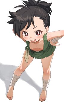 1girl absurdres asymmetrical_bangs bare_shoulders barefoot bent_over black_hair blush commentary dororo_(character) dororo_(tezuka) downblouse extended_downblouse flat_chest full_body funifuchan green_tunic hands_on_own_hips highres loli looking_at_viewer no_bra open_mouth red_eyes shadow sharp_teeth short_hair simple_background smile solo standing teeth tomboy tunic v-shaped_eyebrows white_background