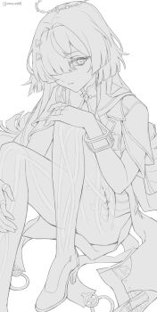 1girl absurdres commentary english_commentary greyscale hair_intakes hair_ornament hair_over_one_eye halo hand_on_own_knee high_heels highres jacket jewelry knees_up long_hair looking_at_viewer mikazon monochrome mornye_(wuthering_waves) multiple_rings parted_lips ring see-through_body simple_background sitting solo tacet_mark_(wuthering_waves) twitter_username white_background wuthering_waves