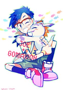 Rule 34 | 1boy, animal, animal hug, black eyes, black socks, blue hair, character name, claws, digimon, digimon (creature), digimon adventure, gomamon, kido jo, kitaya, male focus, one eye closed, open mouth, red shoes, shoes, short hair, sitting, socks, white background, wristband