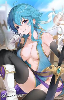 1girl absurdres ahoge belt blue_hair blue_sky blue_tunic boots breasts cleavage cloud commission commissioner_upload earrings elbow_gloves fire_emblem fire_emblem:_genealogy_of_the_holy_war gloves hand_on_own_cheek hand_on_own_face haru_(nakajou-28) headband highres holding holding_sword holding_weapon if_they_mated jewelry knee_up looking_at_viewer navel nintendo no_bra open_clothes open_shirt original outdoors popped_collar purple_eyes sash selia_(mrtalkingdino) sheath sheathed short_hair sideboob sidelocks sitting skeb_commission sky sleeveless smile smirk solo sword target thighhighs thighs tomboy tunic weapon white_headband