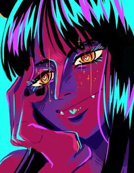 Rule 34 | 1girl, 2025, absurdres, alternate form, black hair, blue background, blunt bangs, close-up, closed mouth, colored skin, commentary, demon girl, demonio fleur, english commentary, fangs, head rest, heart, heart-shaped pupils, highres, horns, long hair, nico robin, one piece, orange eyes, red skin, simple background, smile, solo, symbol-shaped pupils, wigglesdtuff, yellow eyes