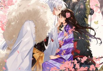 1boy 1girl armor blush breasts brown_hair cherry_blossoms closed_eyes commentary couple crescent crescent_facial_mark english_commentary facial_mark falling_petals flower forehead_mark grey_hair hair_flower hair_ornament hand_on_another's_cheek hand_on_another's_face hetero highres holding_another's_wrist inuyasha japanese_armor japanese_clothes kimono medium_breasts open_mouth parted_bangs petals pink_flower pink_petals pointy_ears purple_kimono rin_(inuyasha) sesshoumaru shiruuzu smile striped_clothes striped_kimono twitter_username