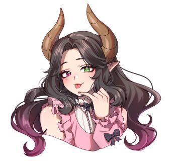 1girl :3 artist_name bare_shoulders black_bow black_choker black_hair blush bow bright_pupils brown_horns center_frills choker closed_mouth clothing_cutout commentary commission cropped_shoulders curtained_hair demon_girl demon_horns english_commentary eyelashes fang frilled_shirt frilled_sleeves frills gradient_hair green_eyes hand_up heart heart-shaped_pupils heterochromia highres horns lips long_hair long_sleeves looking_at_viewer mole mole_under_eye multicolored_hair nail_polish original pink_eyes pink_hair pink_shirt pinky_out pointy_ears puffy_long_sleeves puffy_sleeves red_nails sasucchi95 shirt shoulder_cutout simple_background sleeve_bow solo symbol-shaped_pupils tongue tongue_out tsurime two-tone_hair watermark wavy_hair white_background white_pupils white_shirt