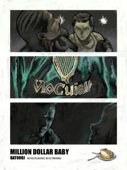 1boy 2girls artist_name batooo_j boxing boxing_gloves cake cake_slice commentary food fork frankie_dunn looking_at_another maggie_fitzgerald million_dollar_baby multiple_girls pie pie_slice punching spoilers tank_top white_tank_top